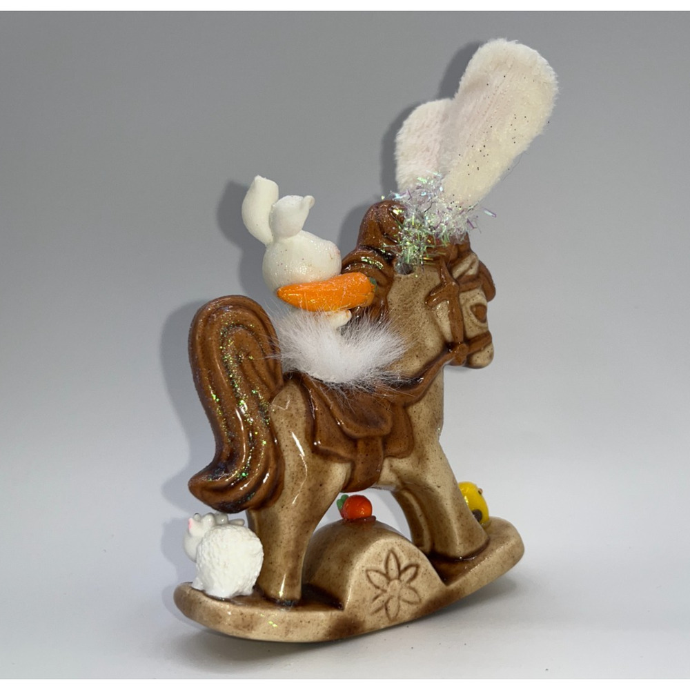 Vintage Ceramic Mini Rocking Horse Easter Bunny Chick Rider Faux Fur saddle OOAK - Picture 9 of 16